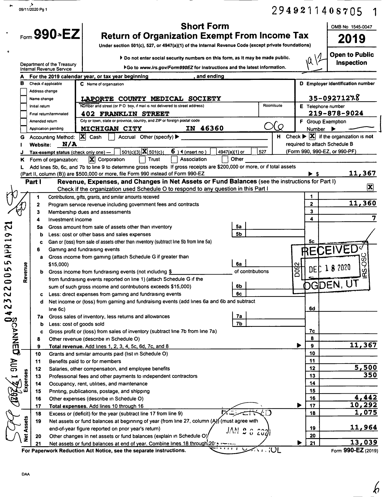 Image of first page of 2019 Form 990EO for Laporte County Medical Society