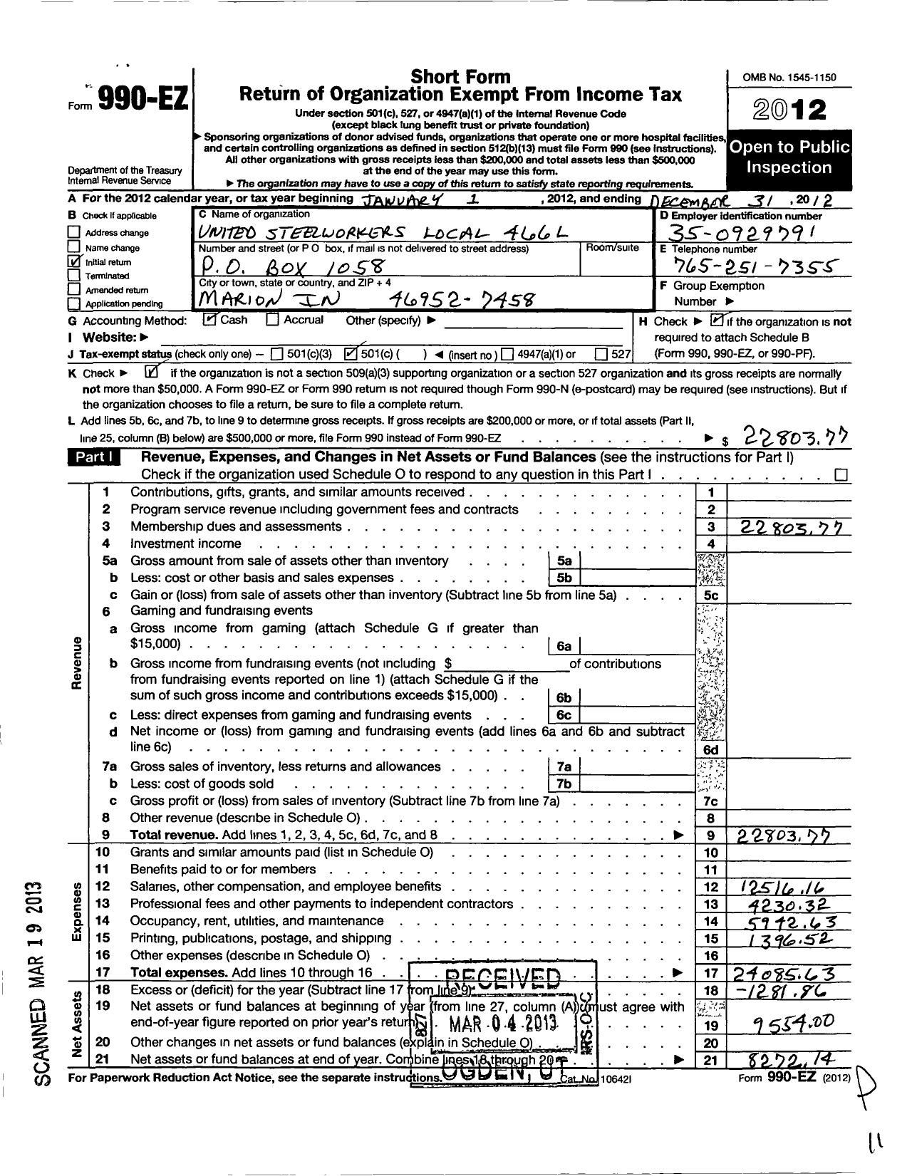 Image of first page of 2012 Form 990EO for United Steelworkers - 00466l Local