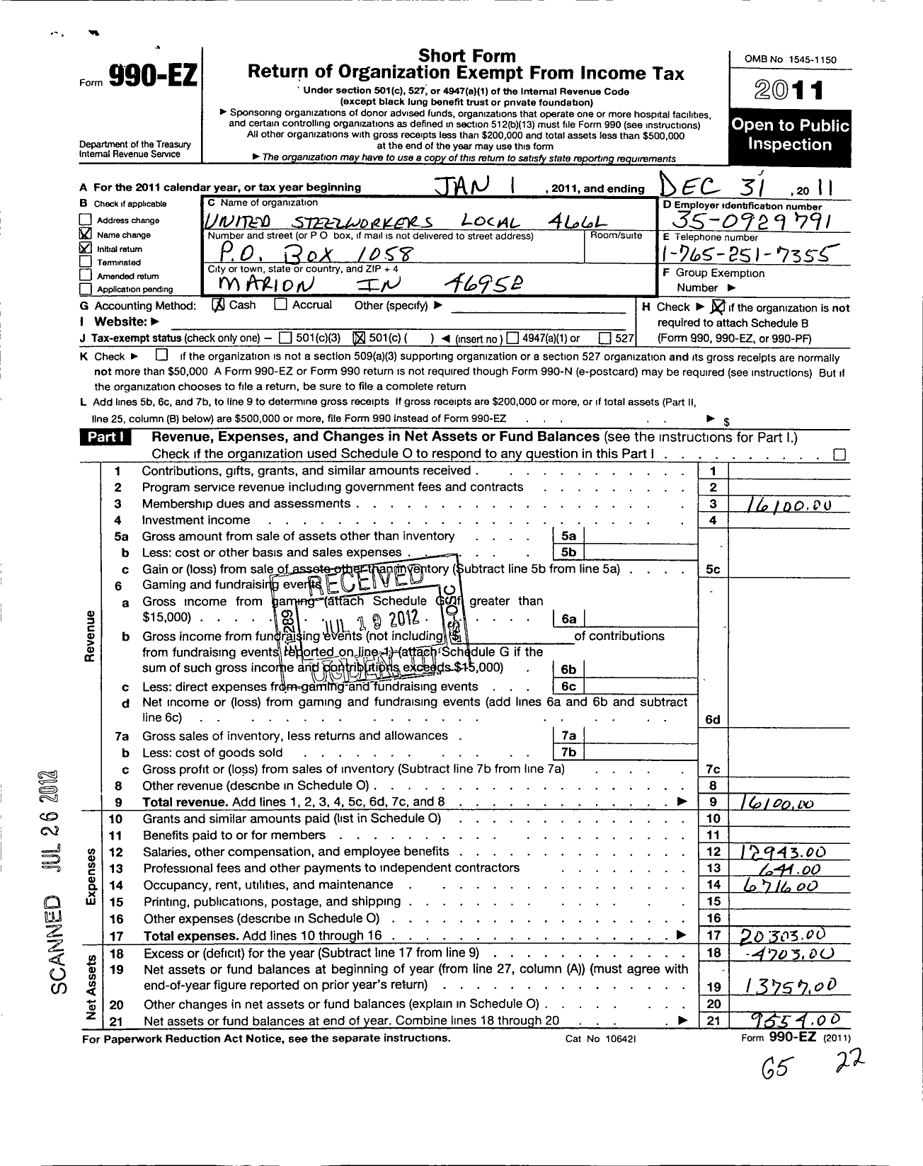 Image of first page of 2011 Form 990EO for United Steelworkers - 00466l Local