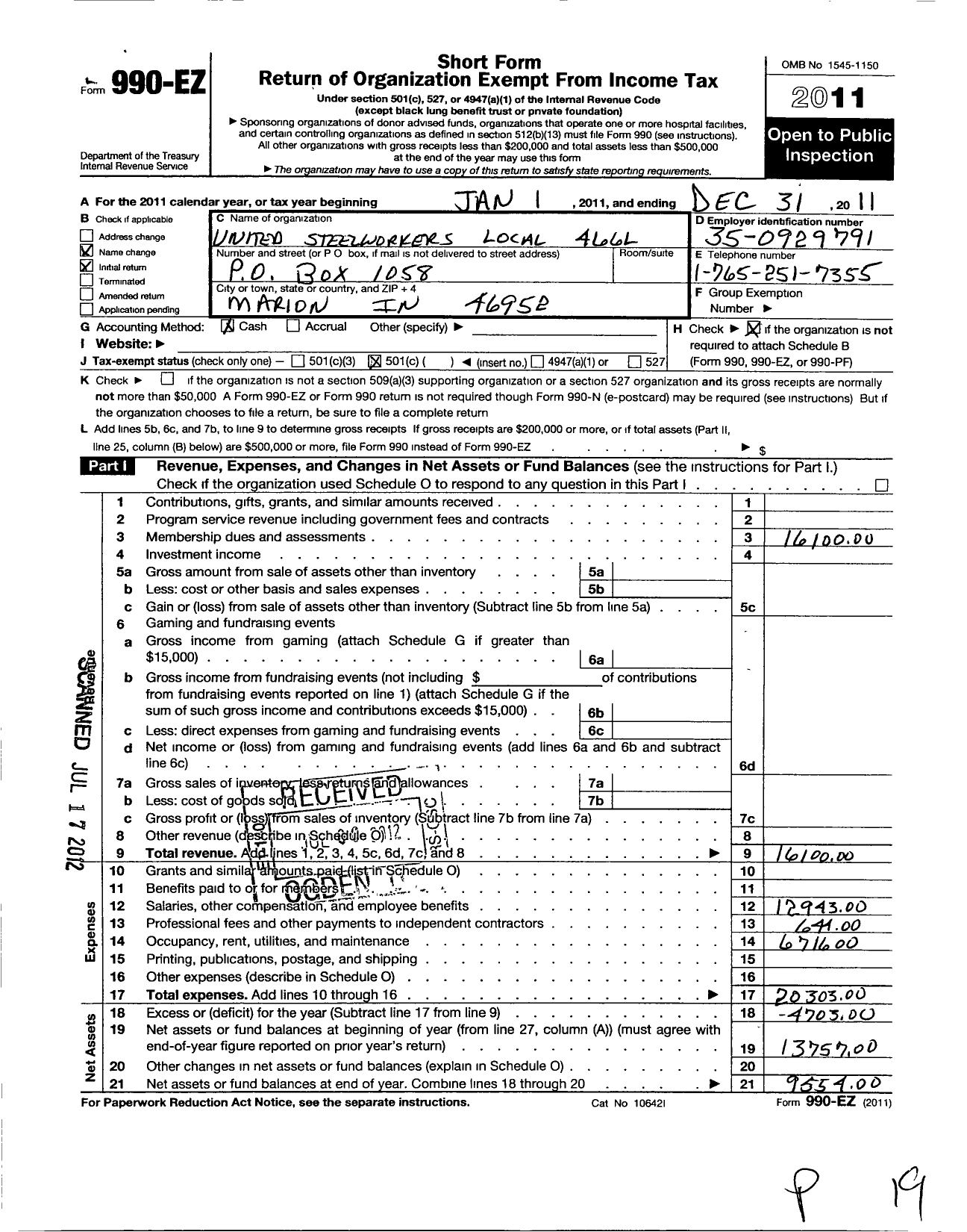 Image of first page of 2011 Form 990EO for United Steelworkers - 00466l Local