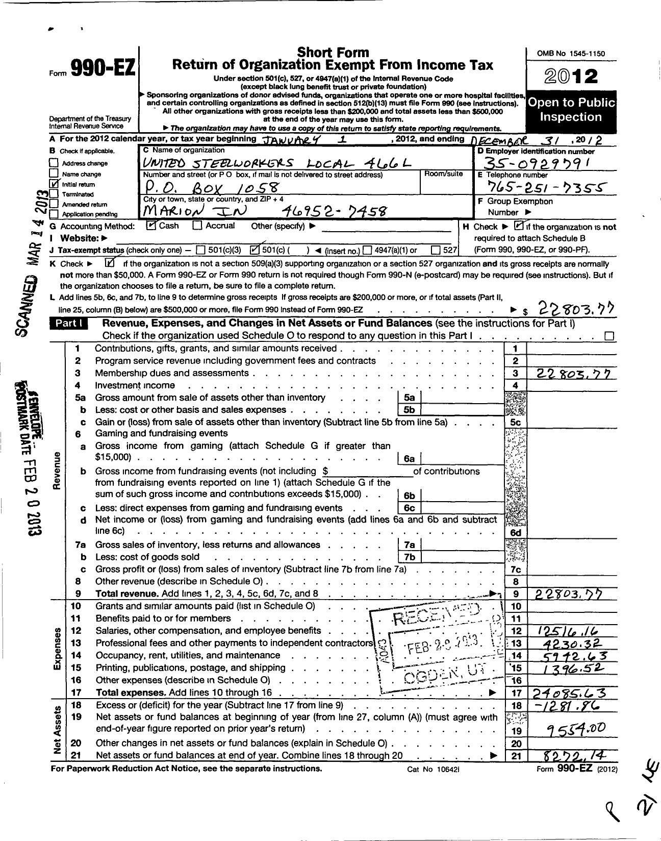 Image of first page of 2012 Form 990EO for United Steelworkers - 00466l Local