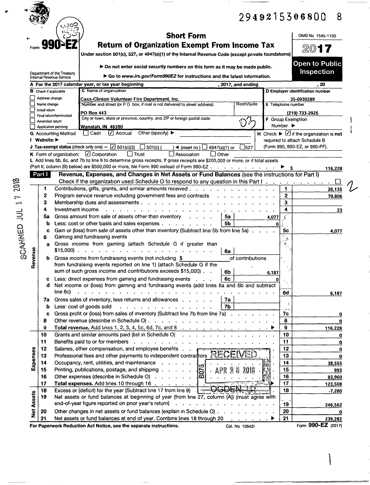 Image of first page of 2017 Form 990EZ for Cass-Clinton Volunteer Fire Dept