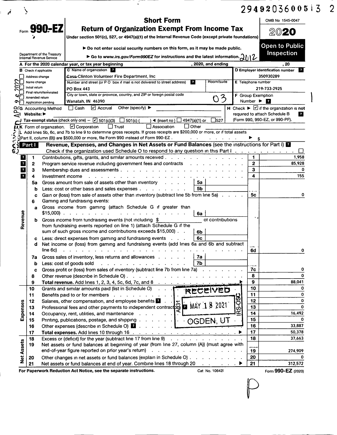 Image of first page of 2020 Form 990EZ for Cass-Clinton Volunteer Fire Dept