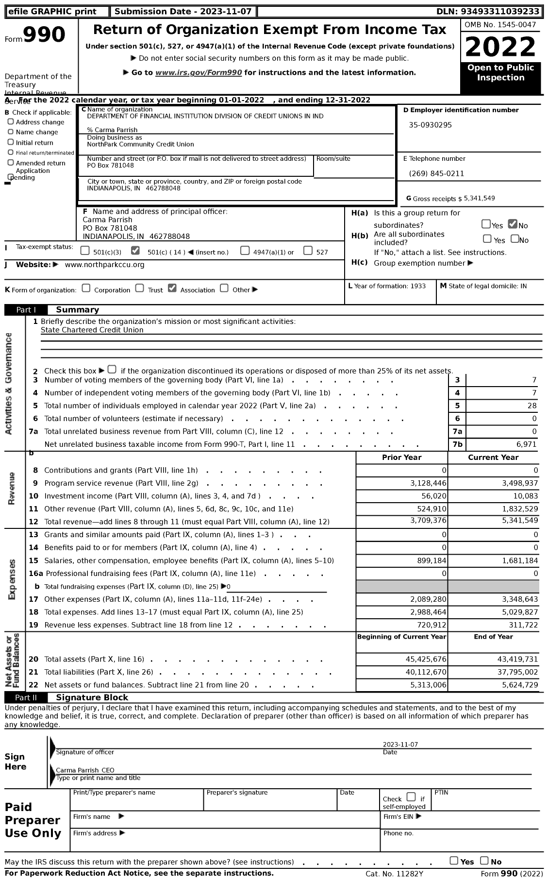 Image of first page of 2022 Form 990 for NorthPark Community Credit Union
