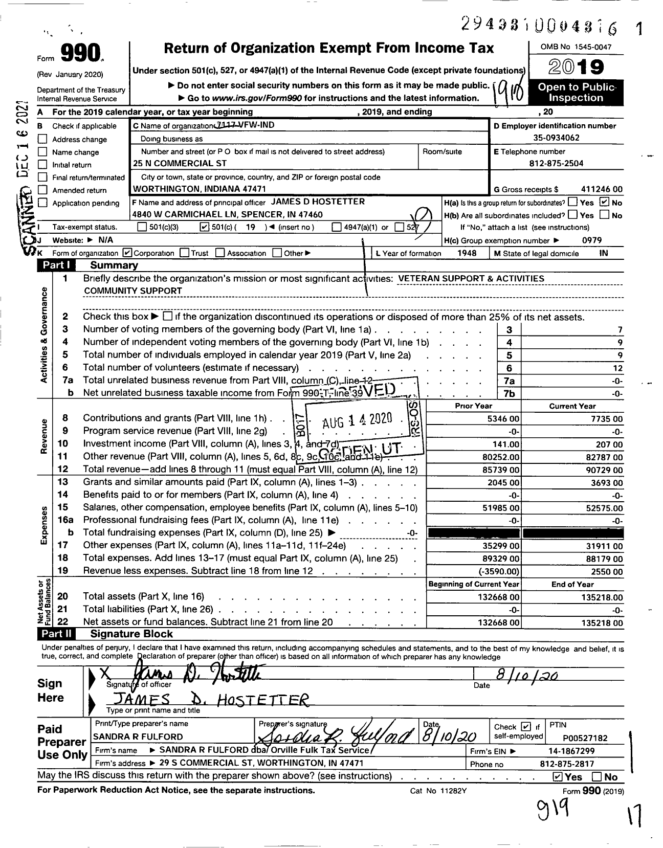 Image of first page of 2019 Form 990O for VFW Department of Indiana - Veterans of Foreign Wars of the Us