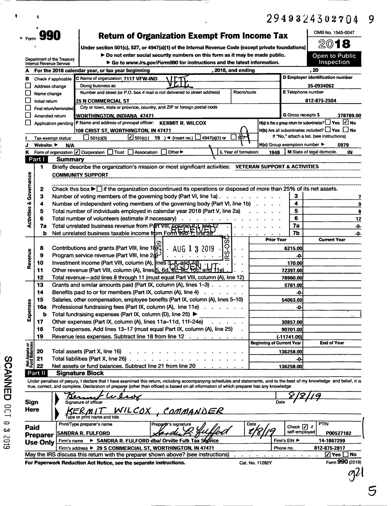 Image of first page of 2018 Form 990O for VFW Department of Indiana - Veterans of Foreign Wars of the Us