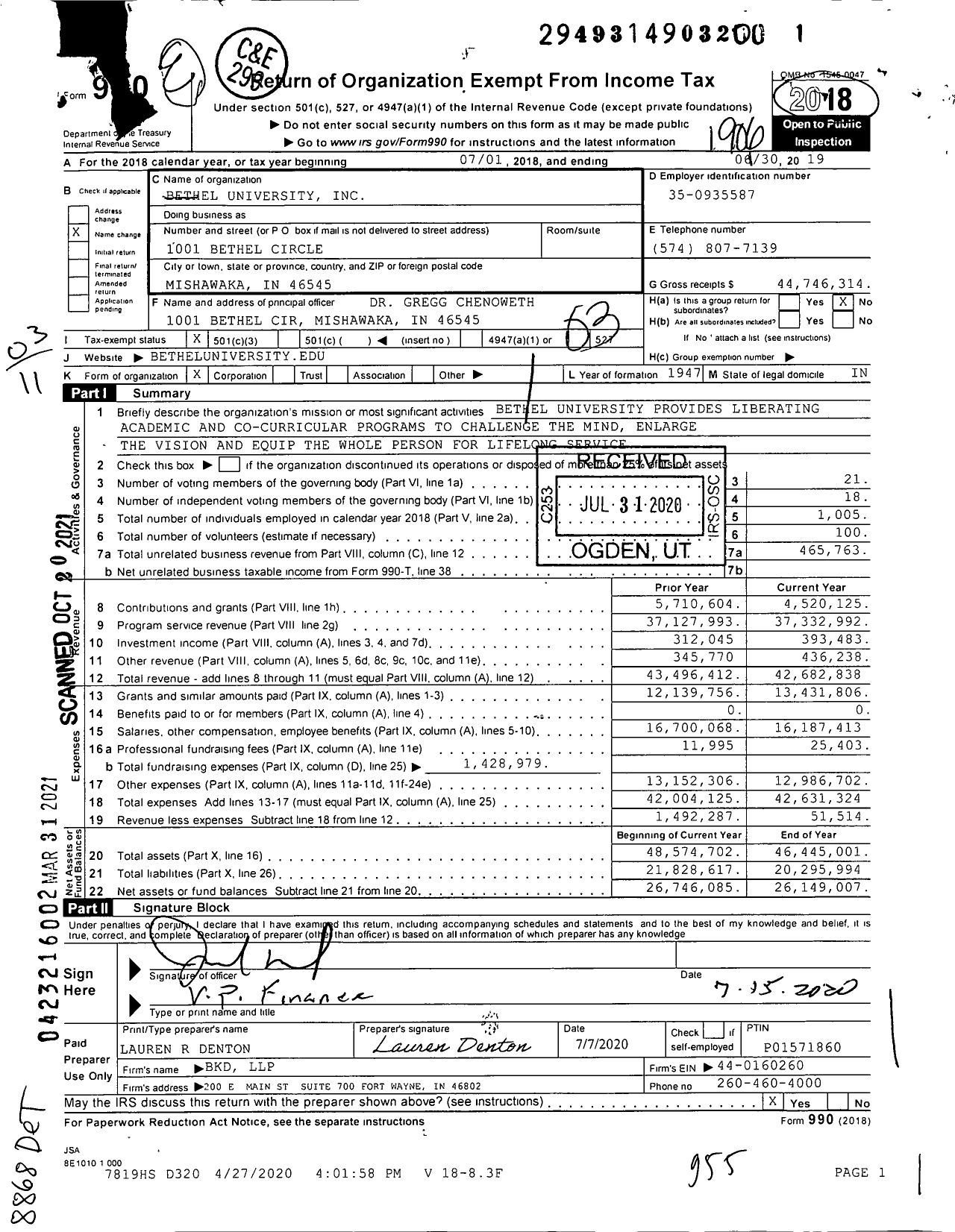 Image of first page of 2018 Form 990 for Bethel University