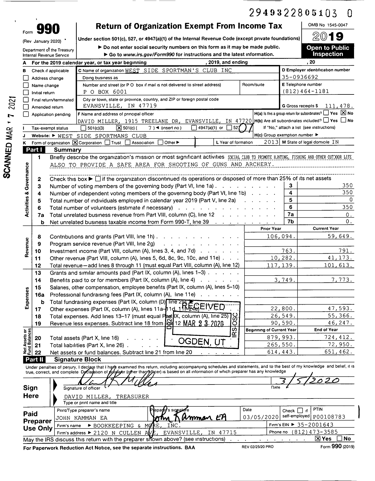 Image of first page of 2019 Form 990O for The Westside Sportsman Club