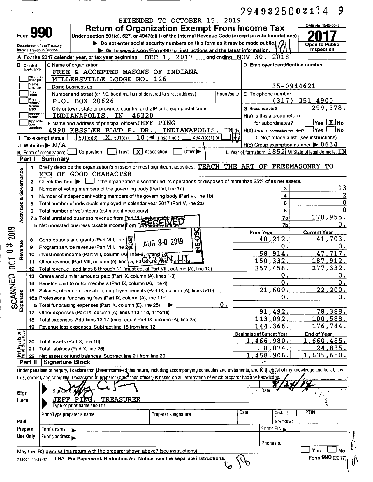 Image of first page of 2017 Form 990O for Free & Accepted Masons of Indiana - 126 Millersville Lodge