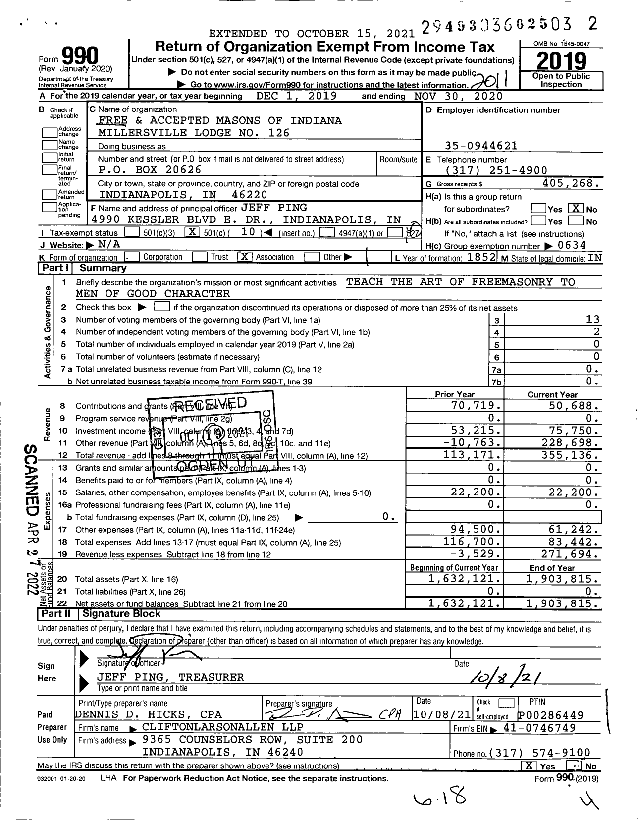 Image of first page of 2019 Form 990O for Free & Accepted Masons of Indiana - 126 Millersville Lodge