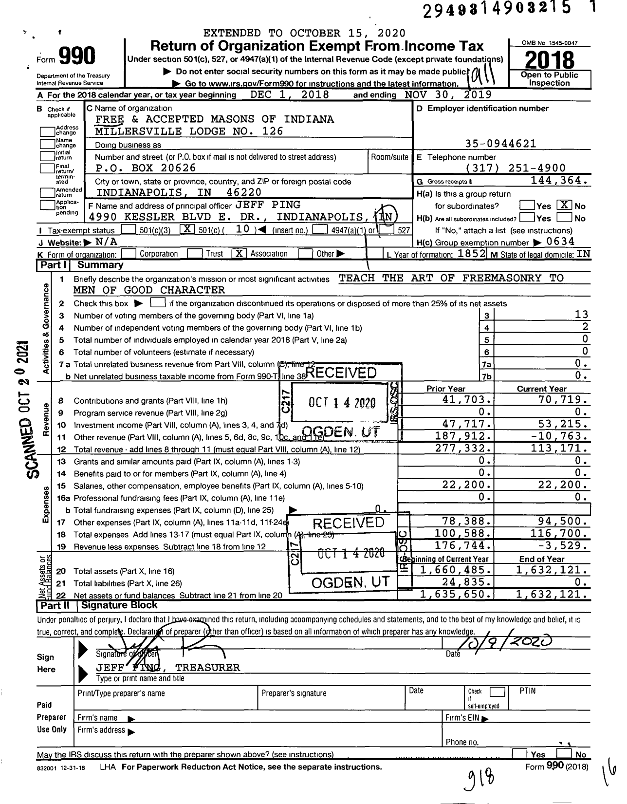 Image of first page of 2018 Form 990O for Free & Accepted Masons of Indiana - 126 Millersville Lodge