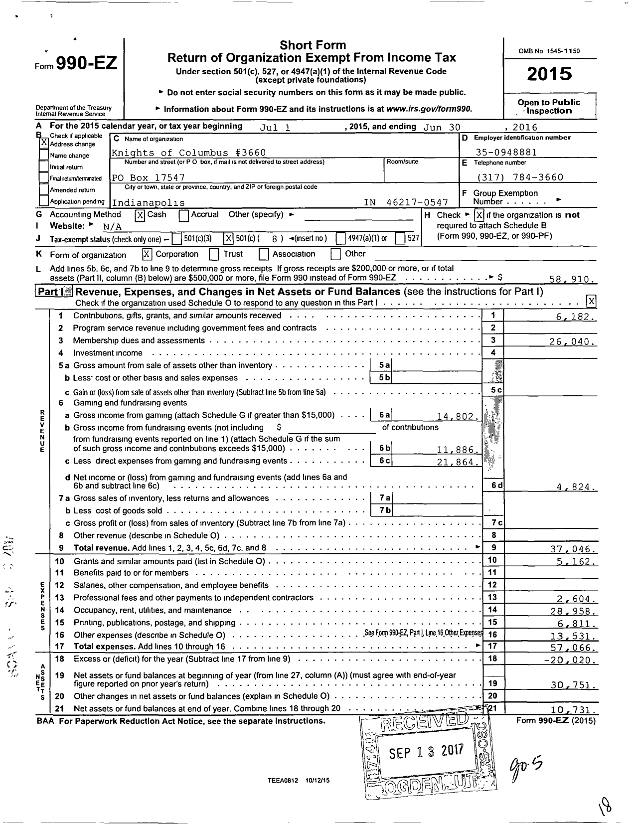 Image of first page of 2015 Form 990EO for Knights of Columbus - 3660 MSGR James M Downey Council