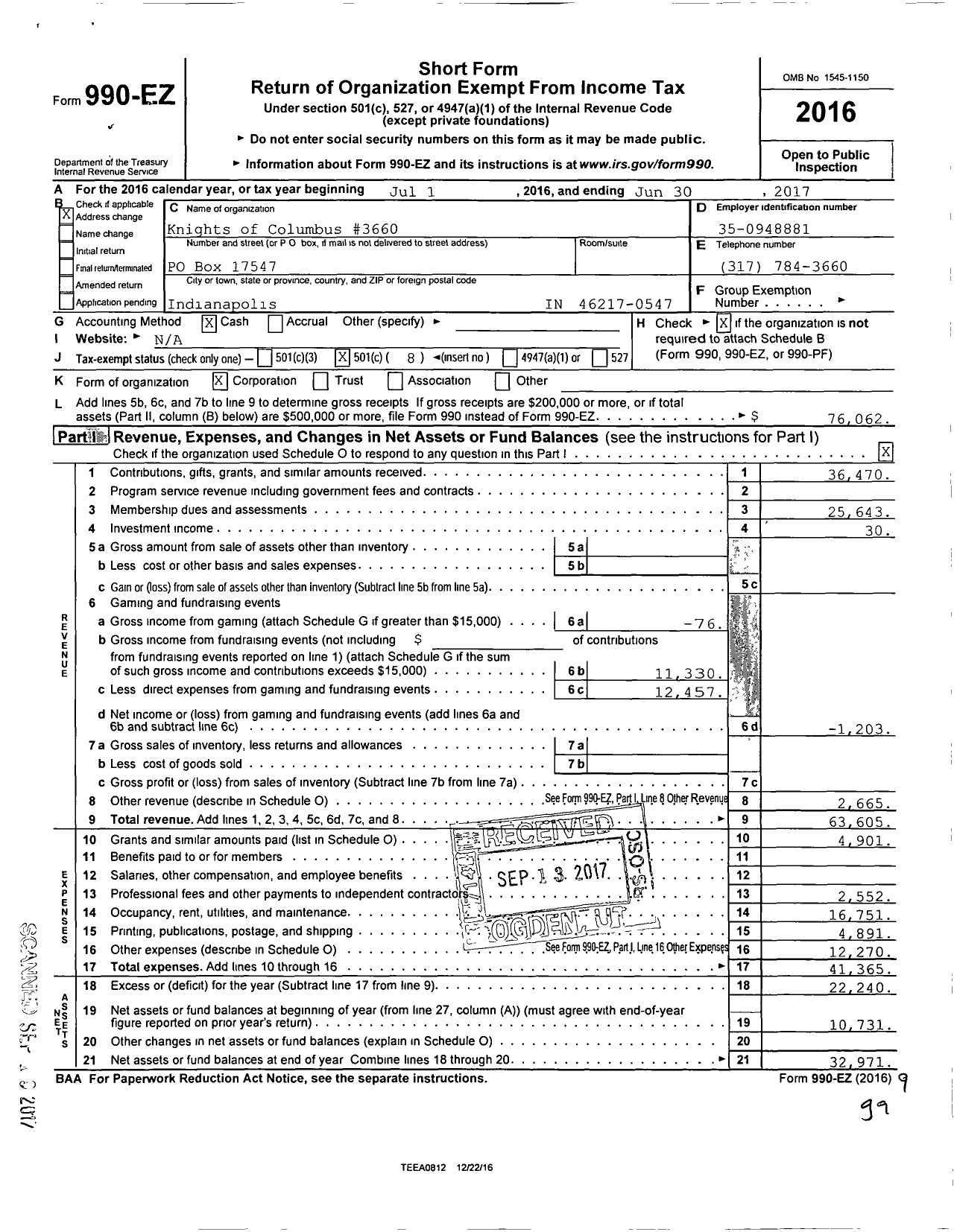 Image of first page of 2016 Form 990EO for Knights of Columbus - 3660 MSGR James M Downey Council