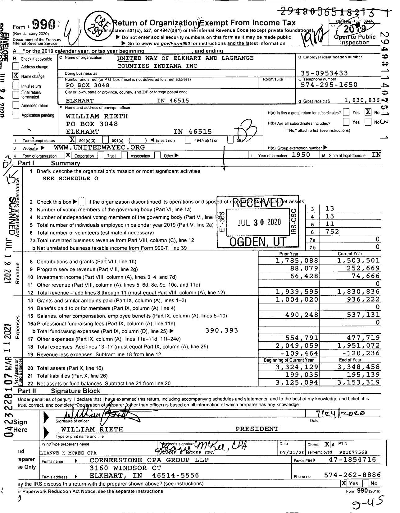 Image of first page of 2019 Form 990 for Crossroads United Way