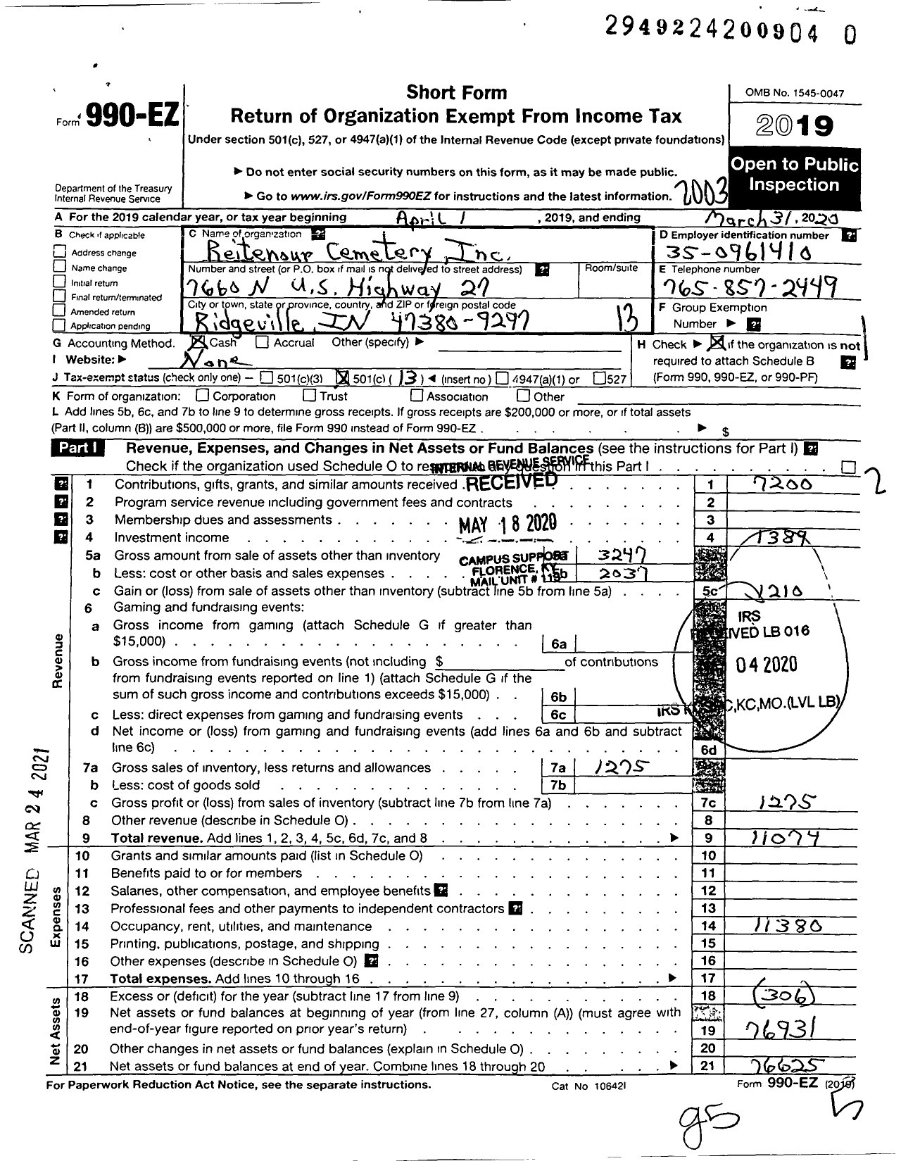 Image of first page of 2019 Form 990EO for Reitenour Cemetery