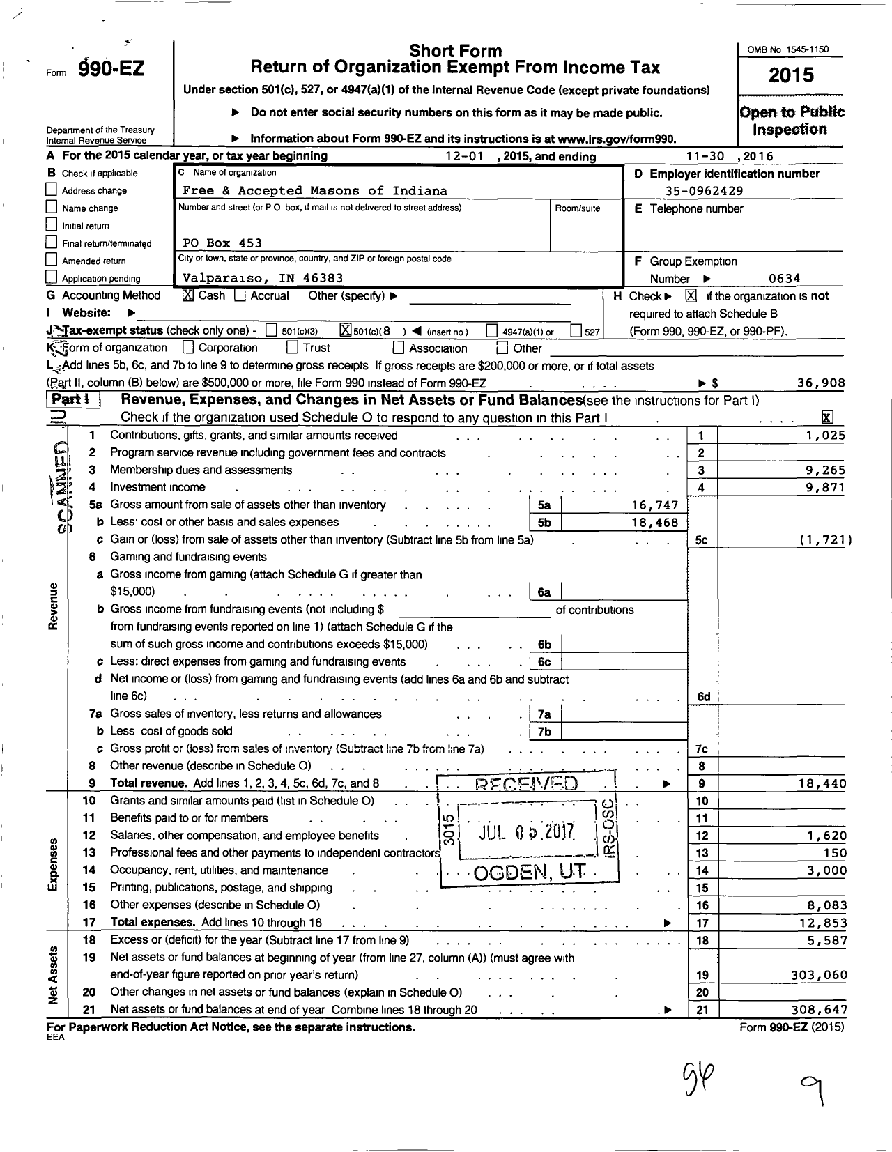 Image of first page of 2015 Form 990EO for Free & Accepted Masons of Indiana - 732 Glenpark Lodge