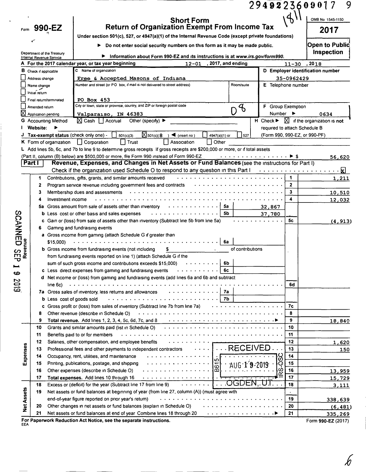 Image of first page of 2017 Form 990EO for Free & Accepted Masons of Indiana - 732 Glenpark Lodge