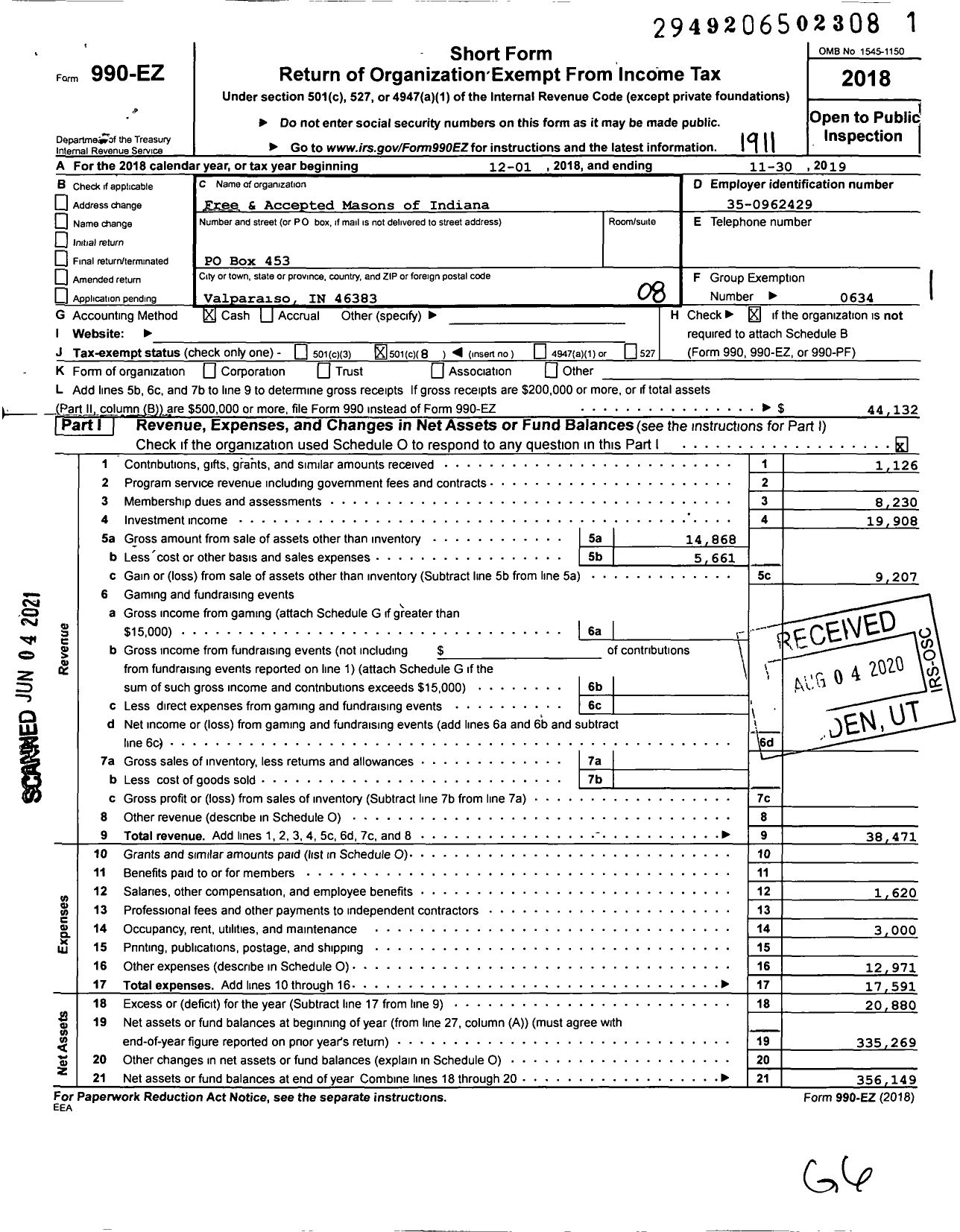 Image of first page of 2018 Form 990EO for Free & Accepted Masons of Indiana - 732 Glenpark Lodge