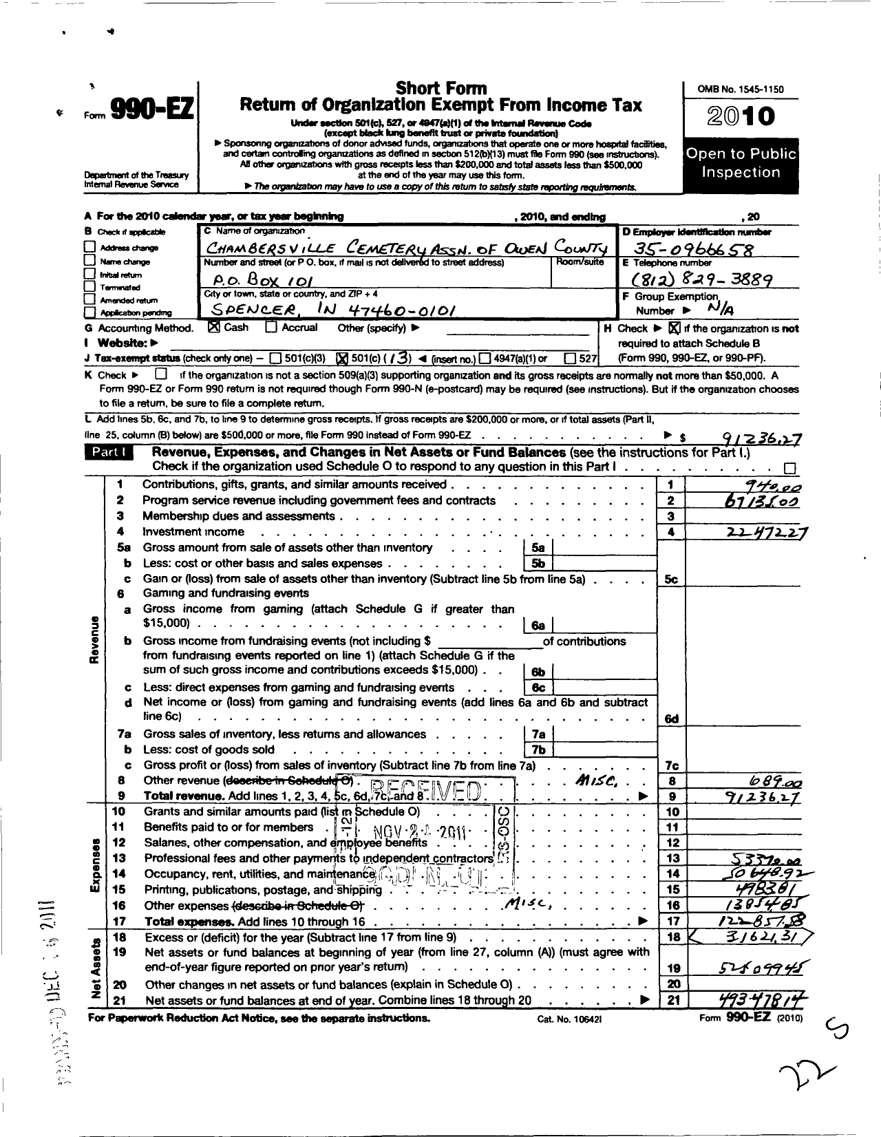 Image of first page of 2010 Form 990EO for Chambersville Cemetery Association