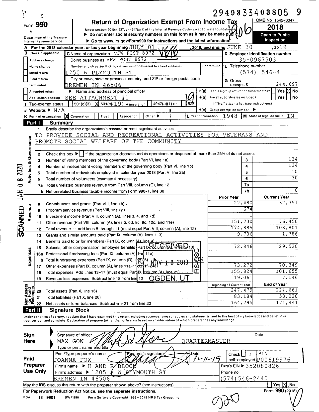 Image of first page of 2018 Form 990O for VFW Department of Indiana - VFW Post 8972