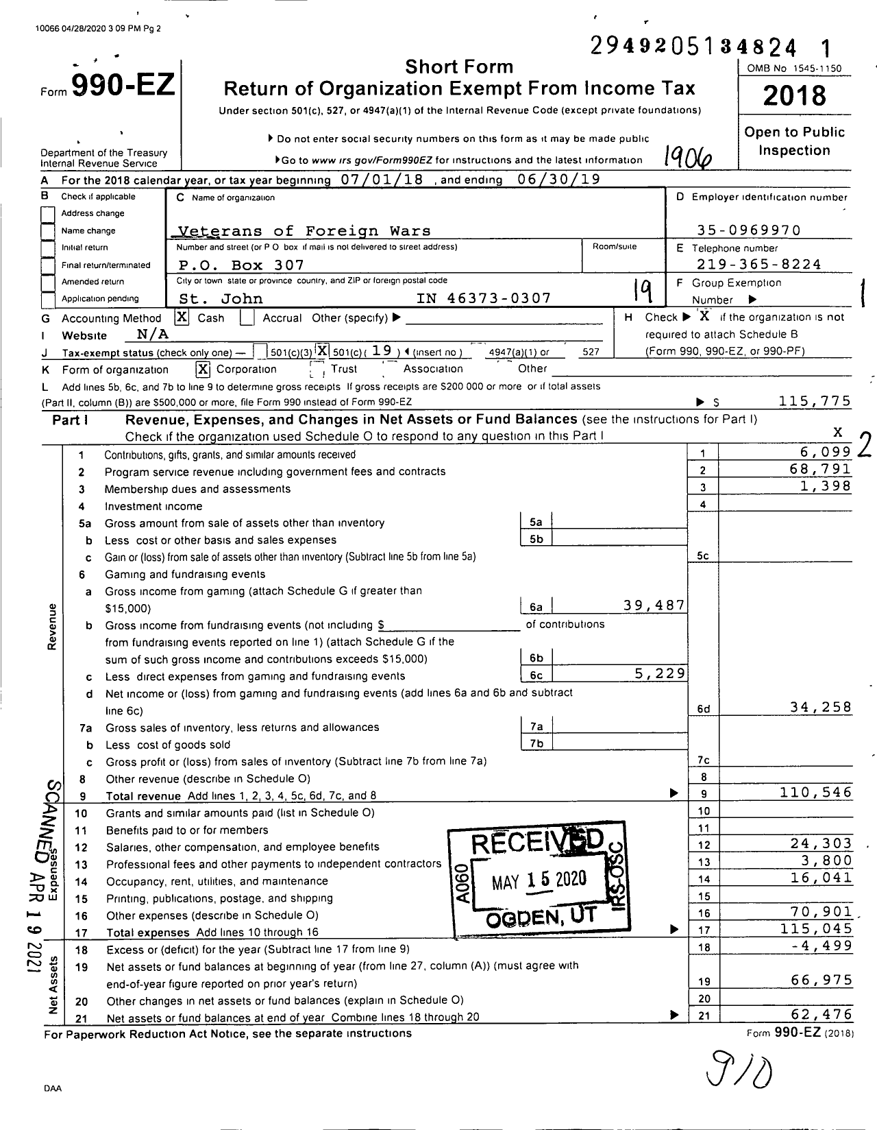 Image of first page of 2018 Form 990EO for VFW Department of Indiana - 717 Vfw-Ind St John