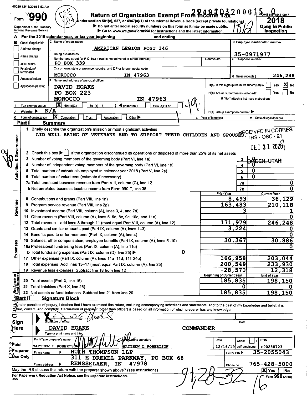 Image of first page of 2018 Form 990O for American Legion Post 146