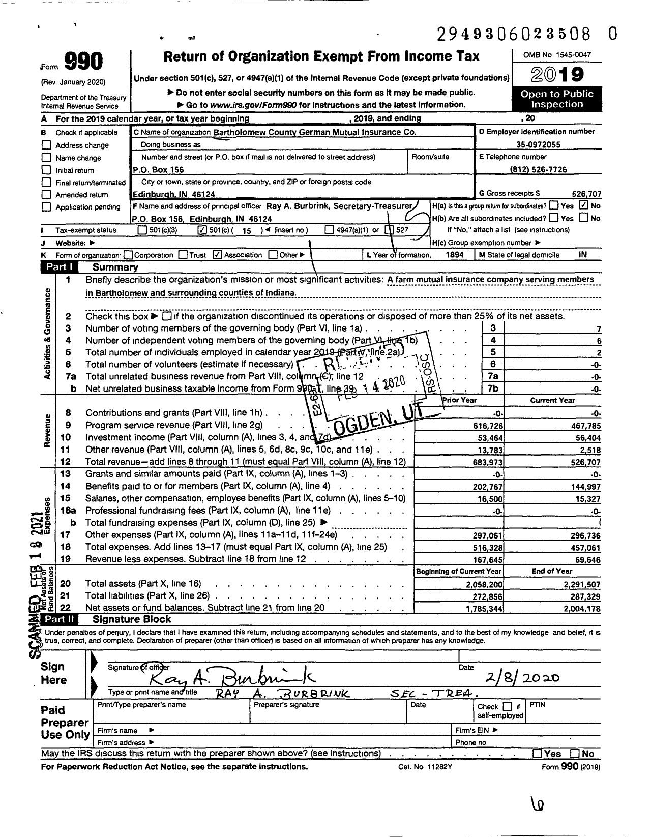 Image of first page of 2019 Form 990O for Bartholomew County German Mutual Insurance Company