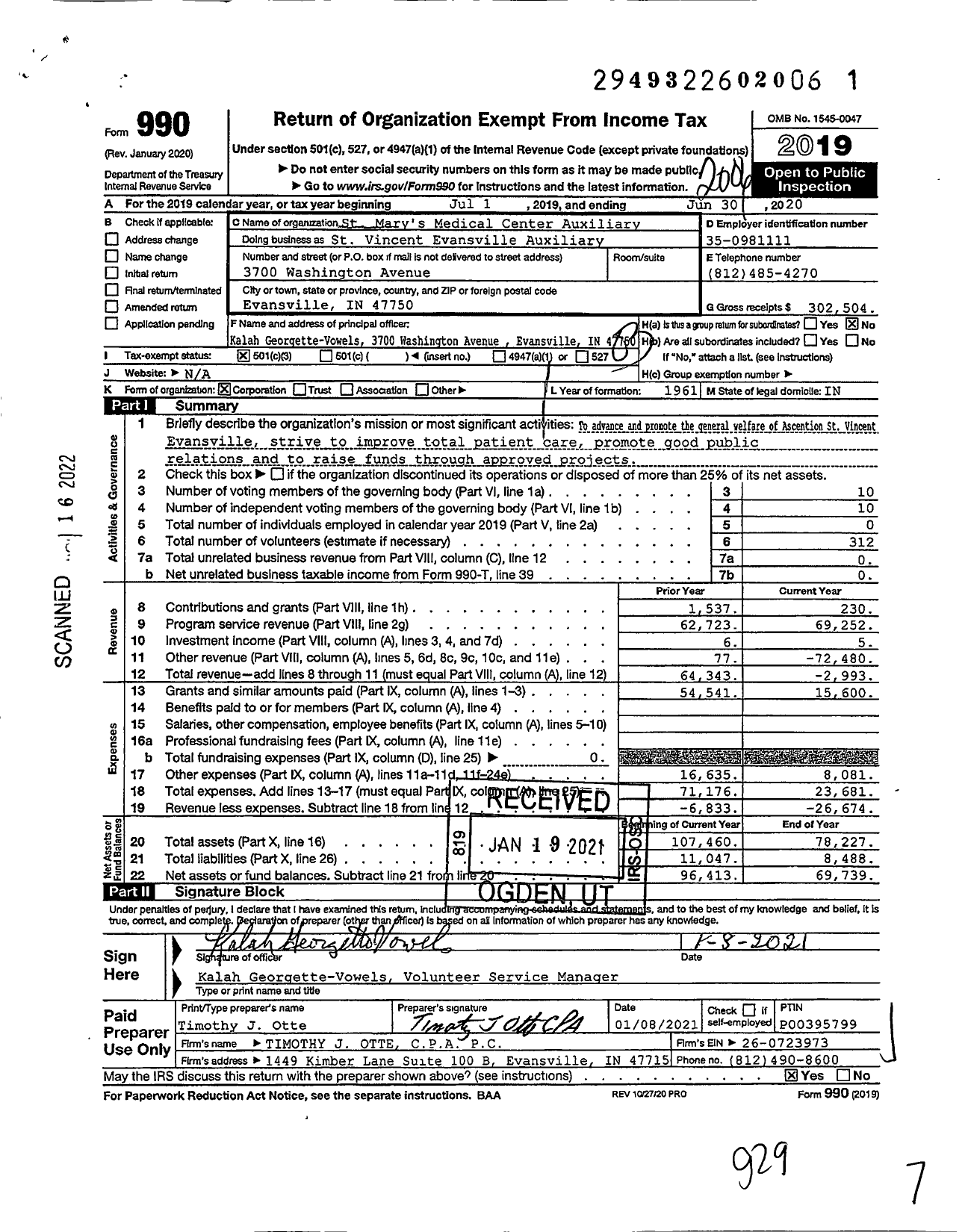 Image of first page of 2019 Form 990 for St Vincent Evansville Auxiliary