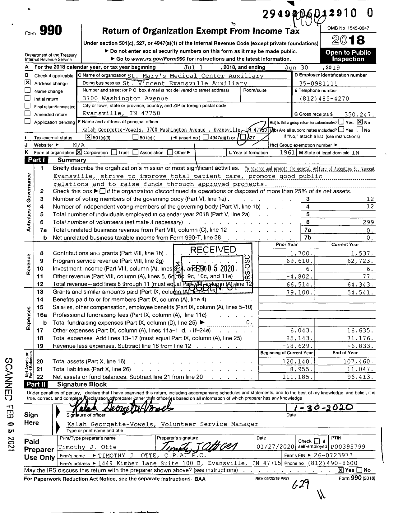 Image of first page of 2018 Form 990 for St Vincent Evansville Auxiliary