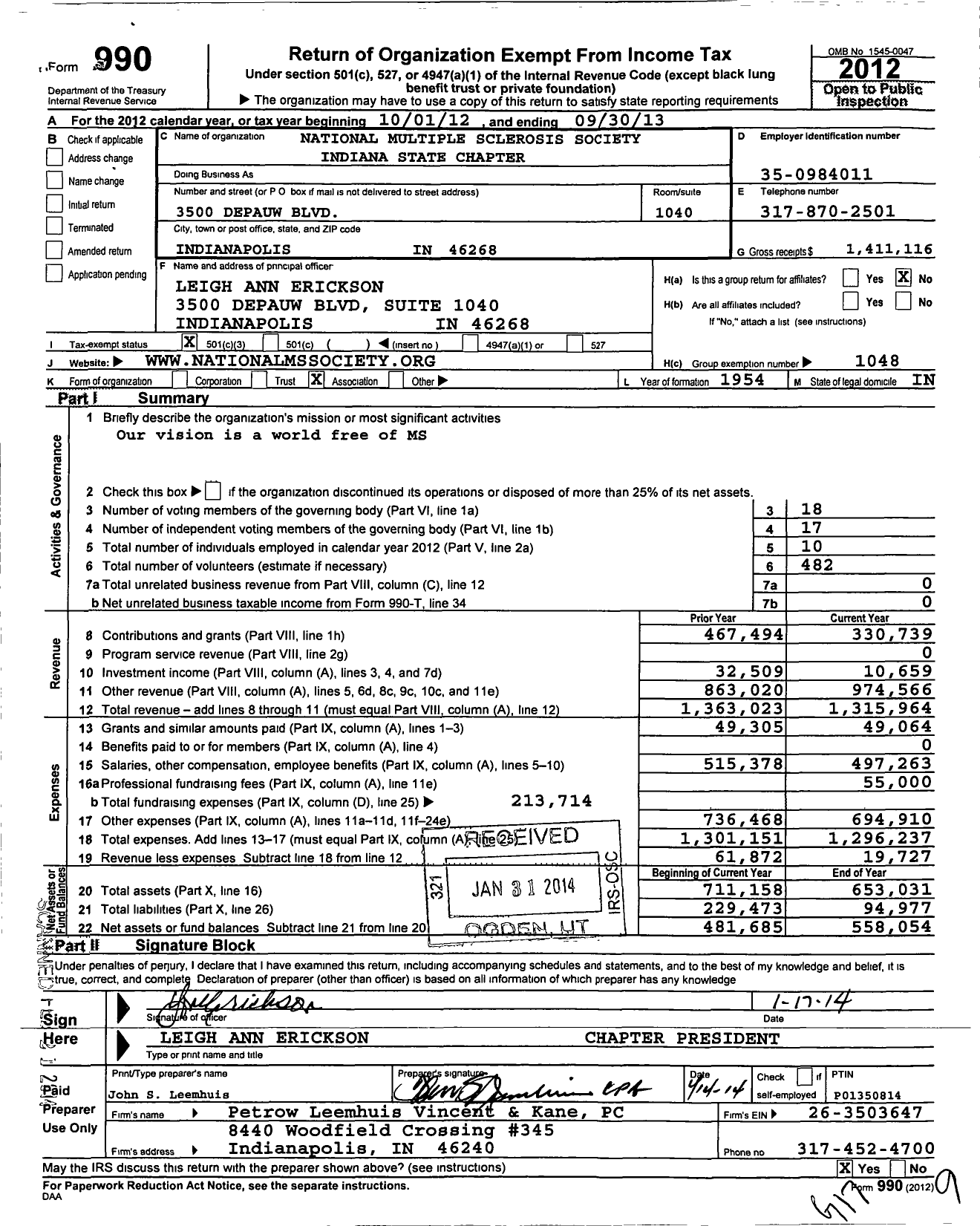 Image of first page of 2012 Form 990 for National Multiple Sclerosis Society Indiana State Chapter