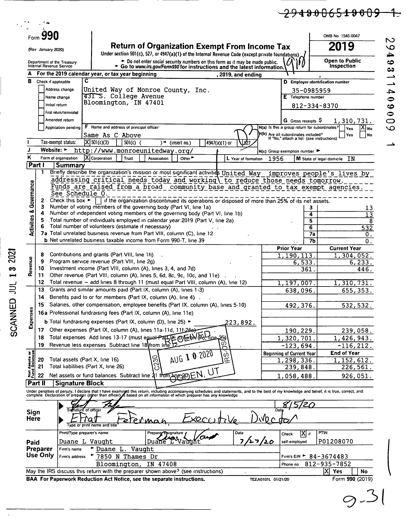 Image of first page of 2019 Form 990 for United Way of South Central Indiana / United Way of Monroe County