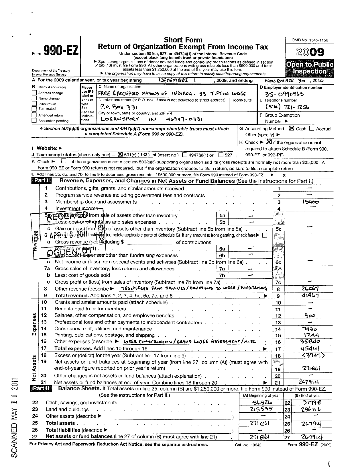 Image of first page of 2009 Form 990EO for Free & Accepted Masons of Indiana - 33 Tipton Lodge