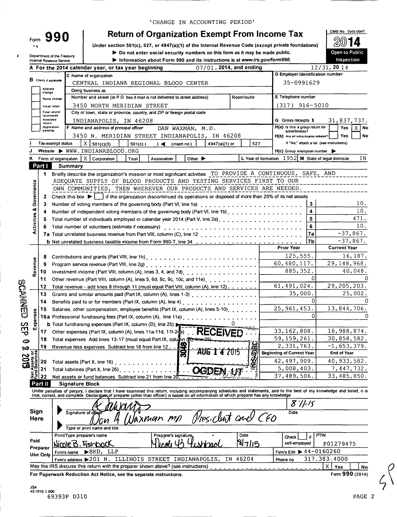 Image of first page of 2014 Form 990 for Versiti Indiana