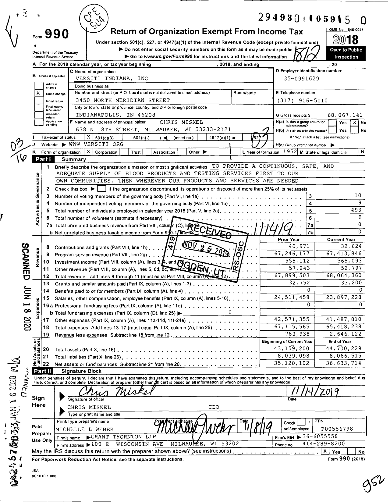 Image of first page of 2018 Form 990 for Versiti Indiana