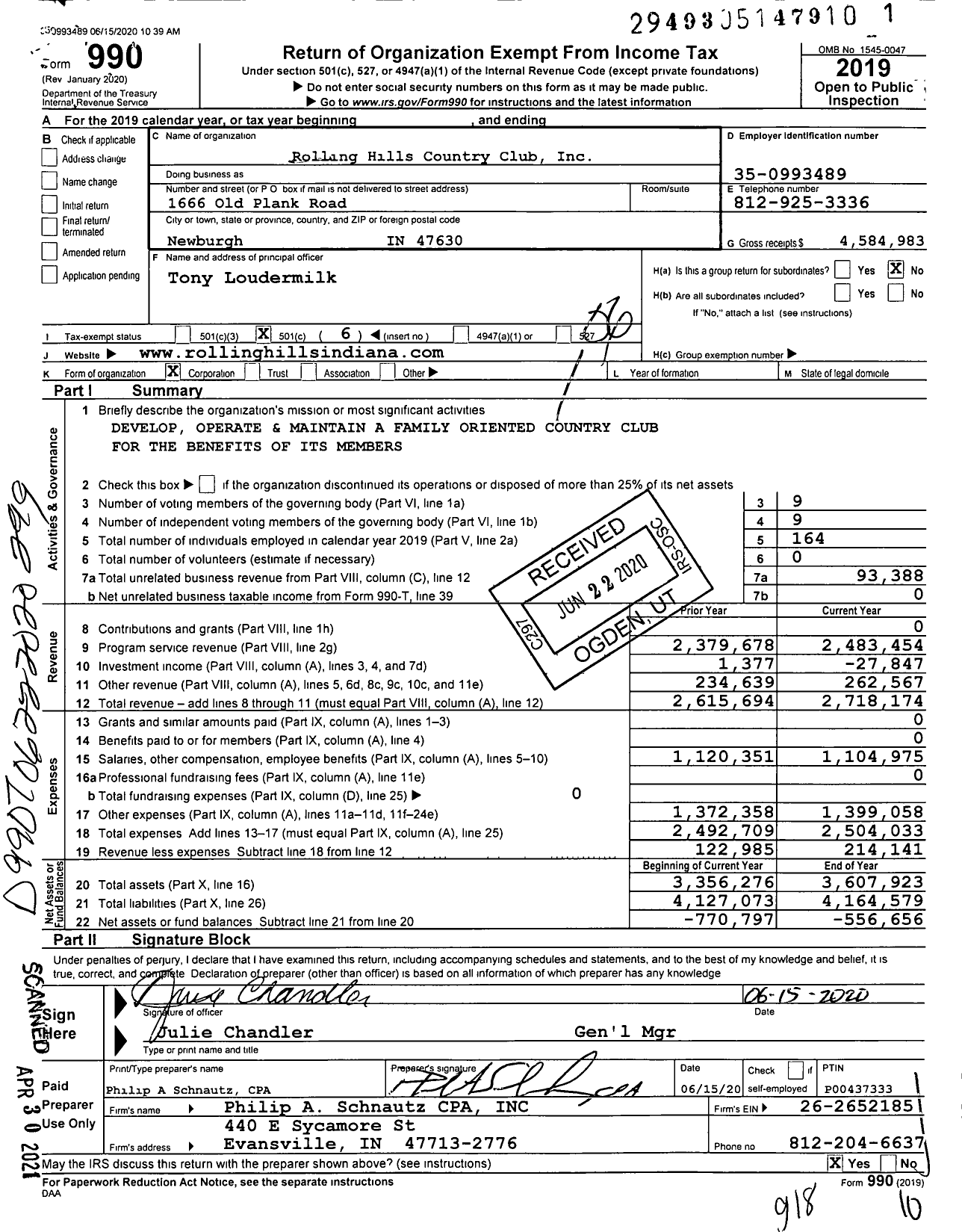 Image of first page of 2019 Form 990O for Rolling Hills Country Club