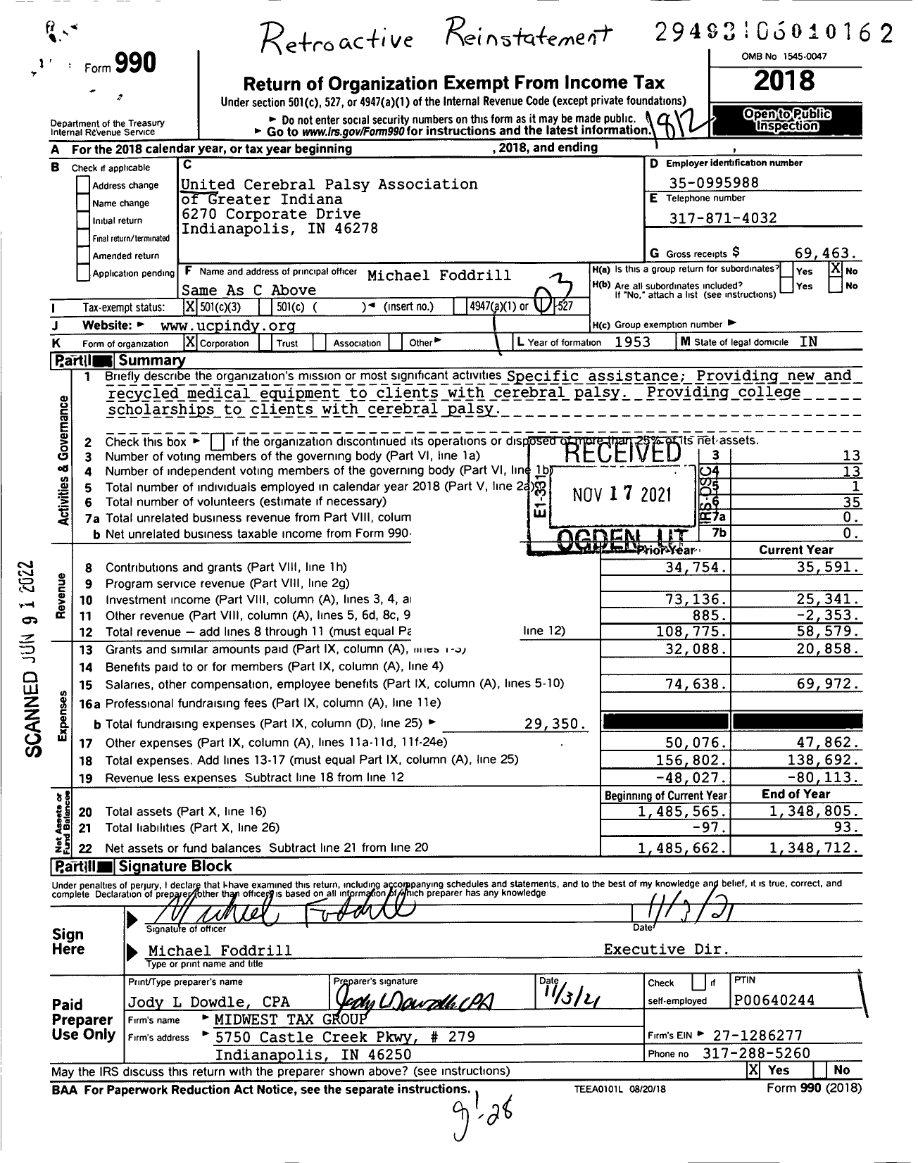 Image of first page of 2018 Form 990 for United Cerebral Palsy Association of Greater Indiana