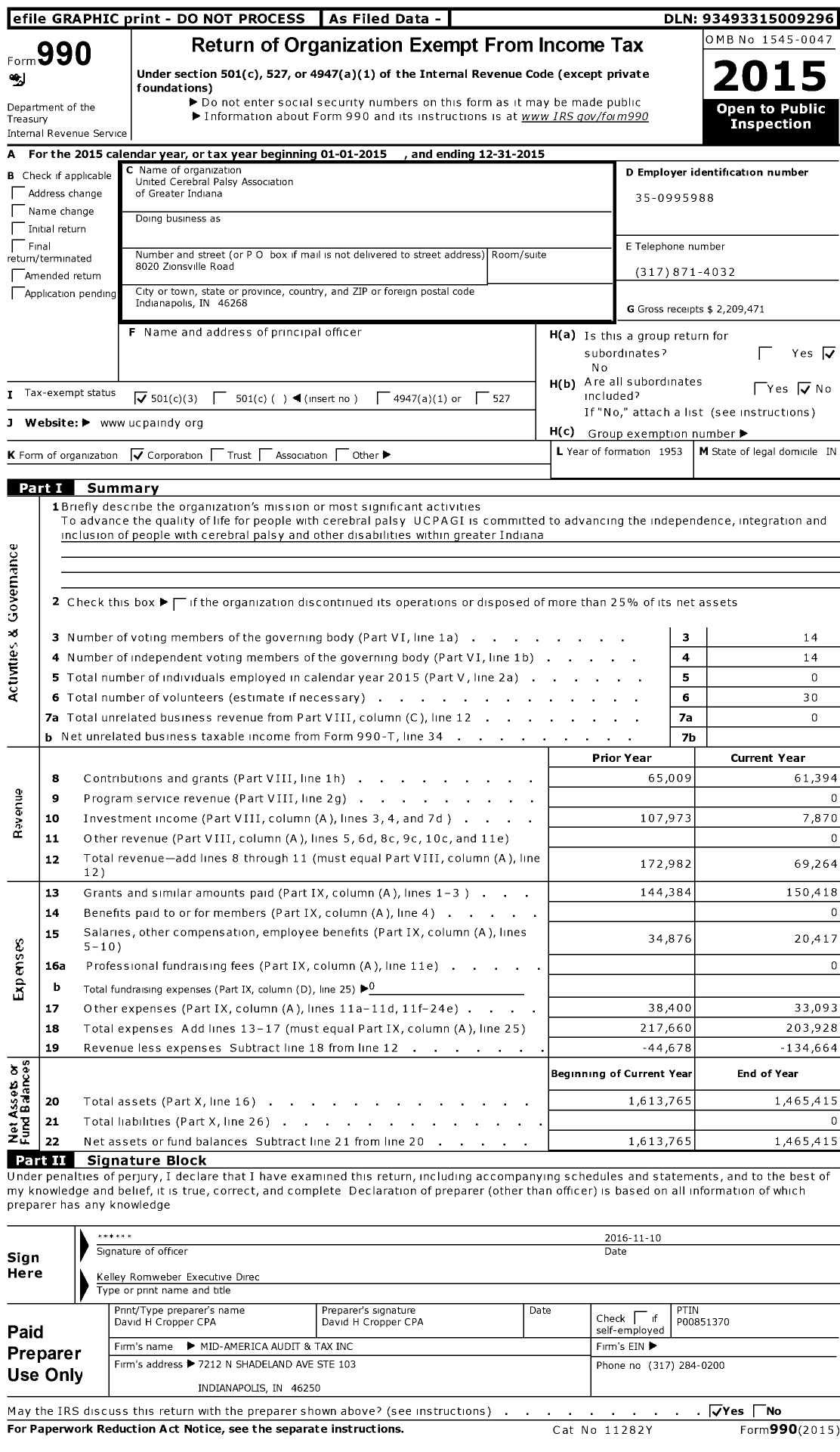 Image of first page of 2015 Form 990 for United Cerebral Palsy Association of Greater Indiana