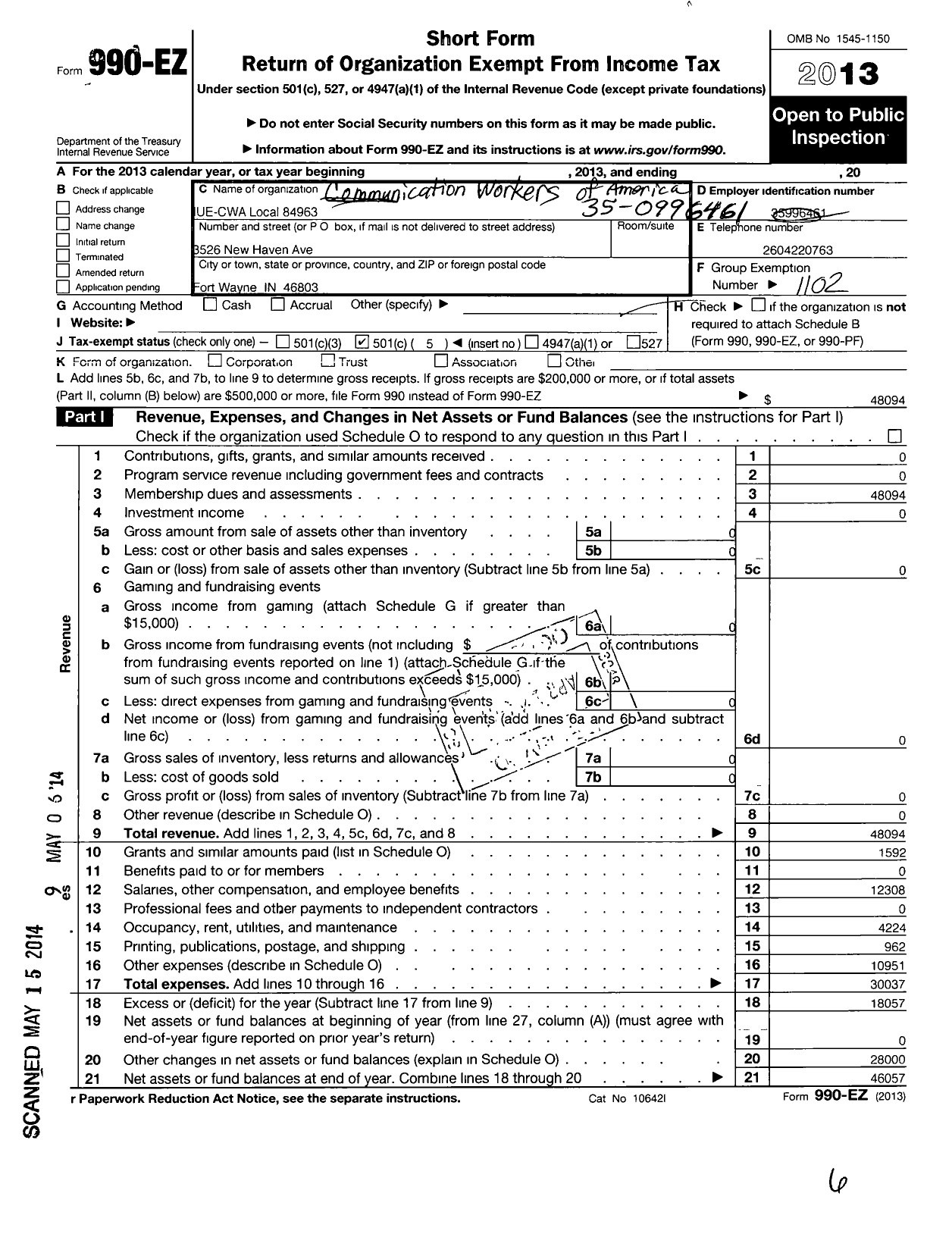 Image of first page of 2013 Form 990EO for Communications Workers of America - 84963 Local