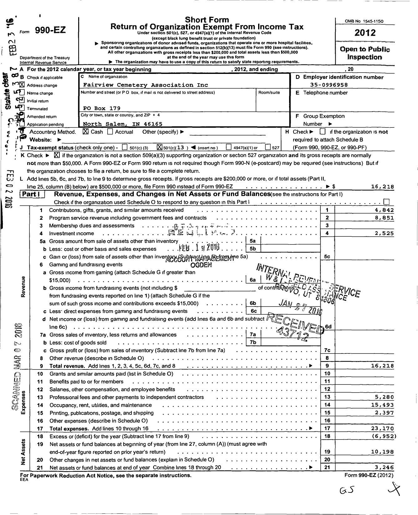 Image of first page of 2012 Form 990EO for Fairview Cemetery Association