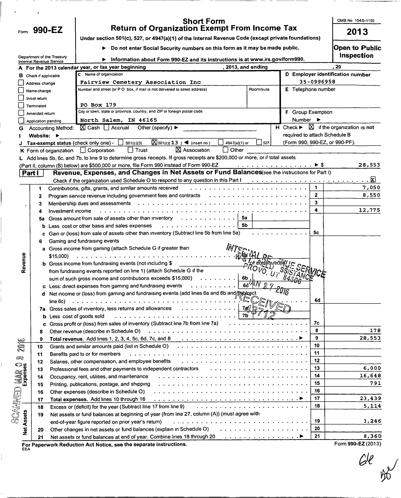 Image of first page of 2013 Form 990EO for Fairview Cemetery Association