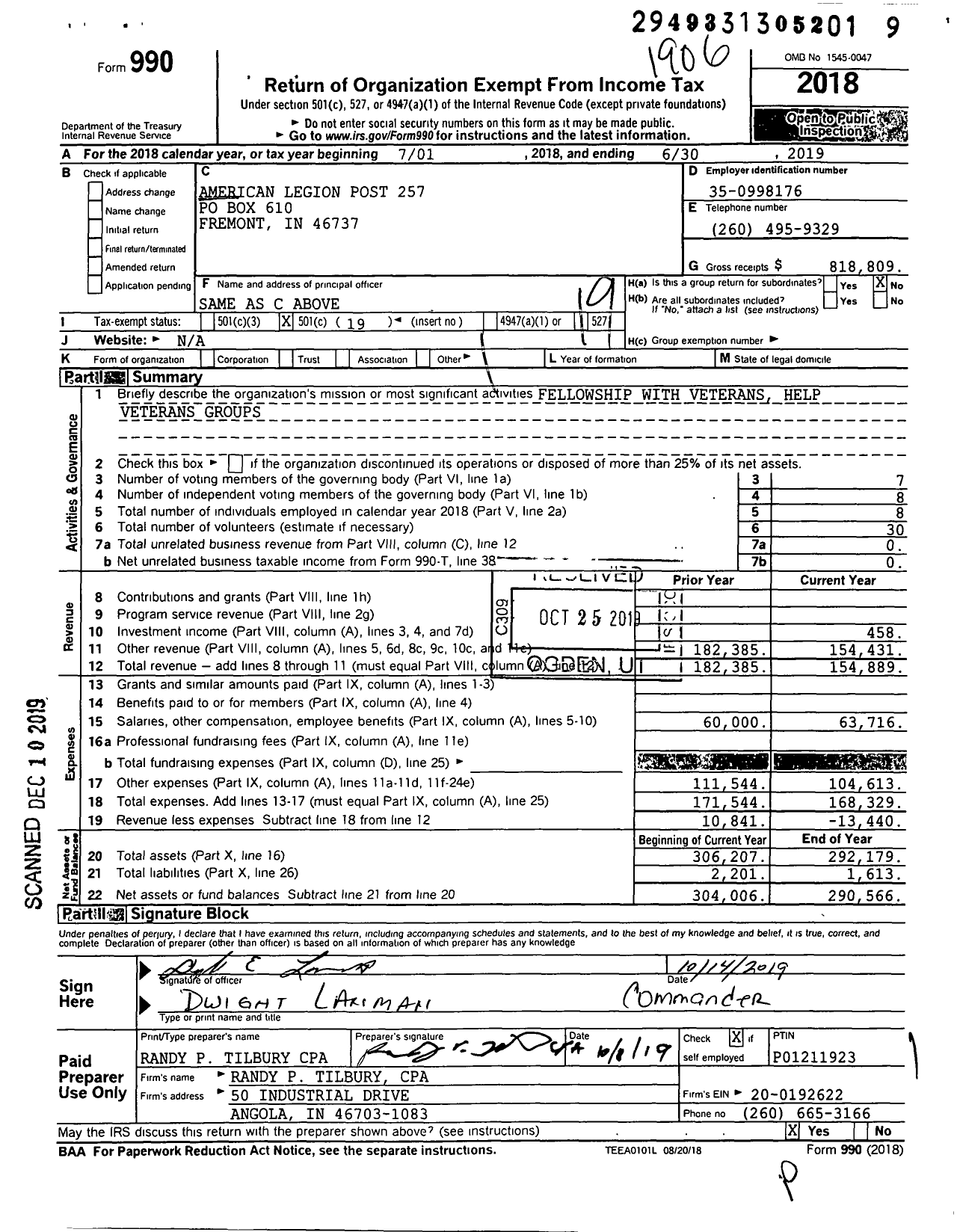 Image of first page of 2018 Form 990O for American Legion - Fremont Post 257