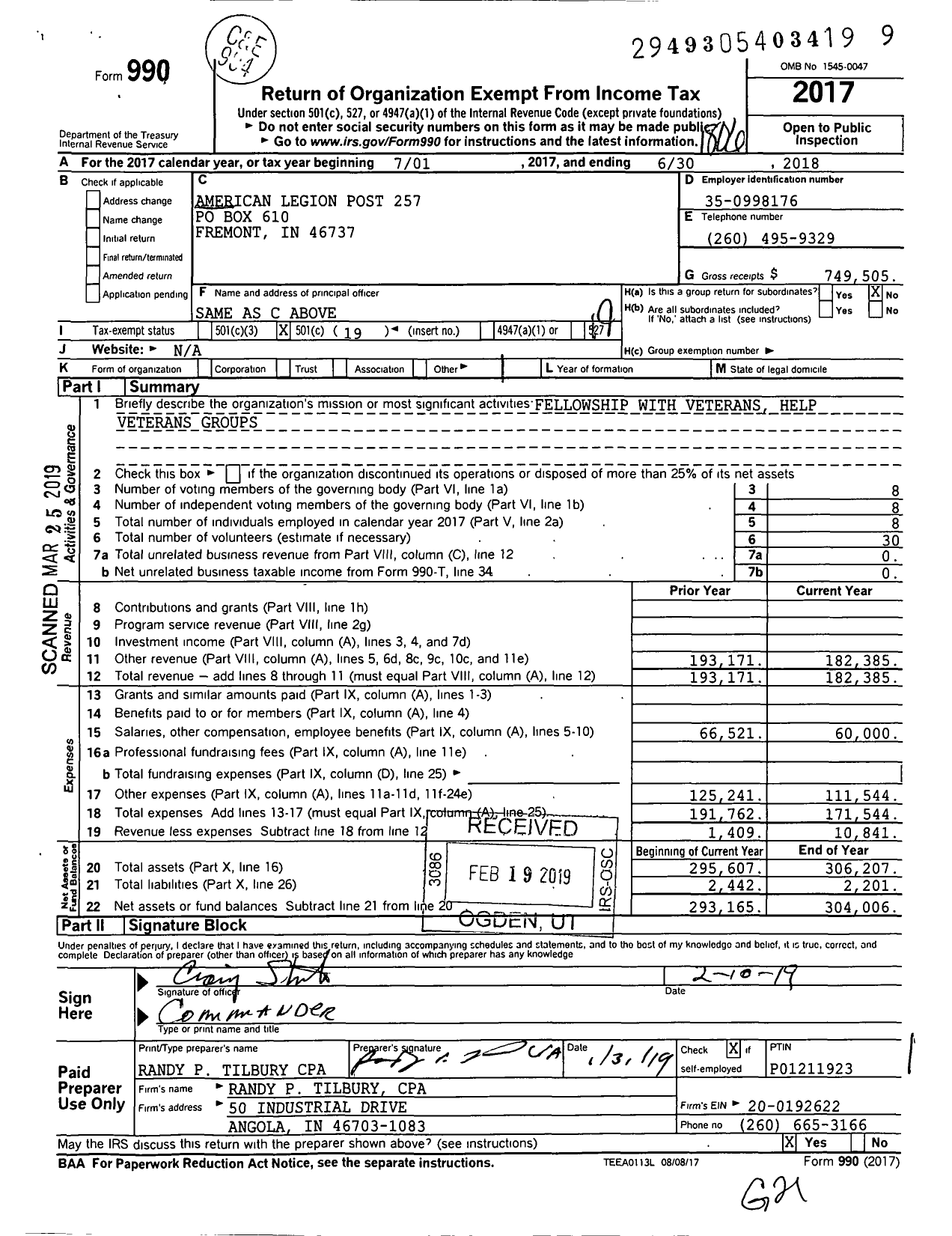 Image of first page of 2017 Form 990O for American Legion - Fremont Post 257