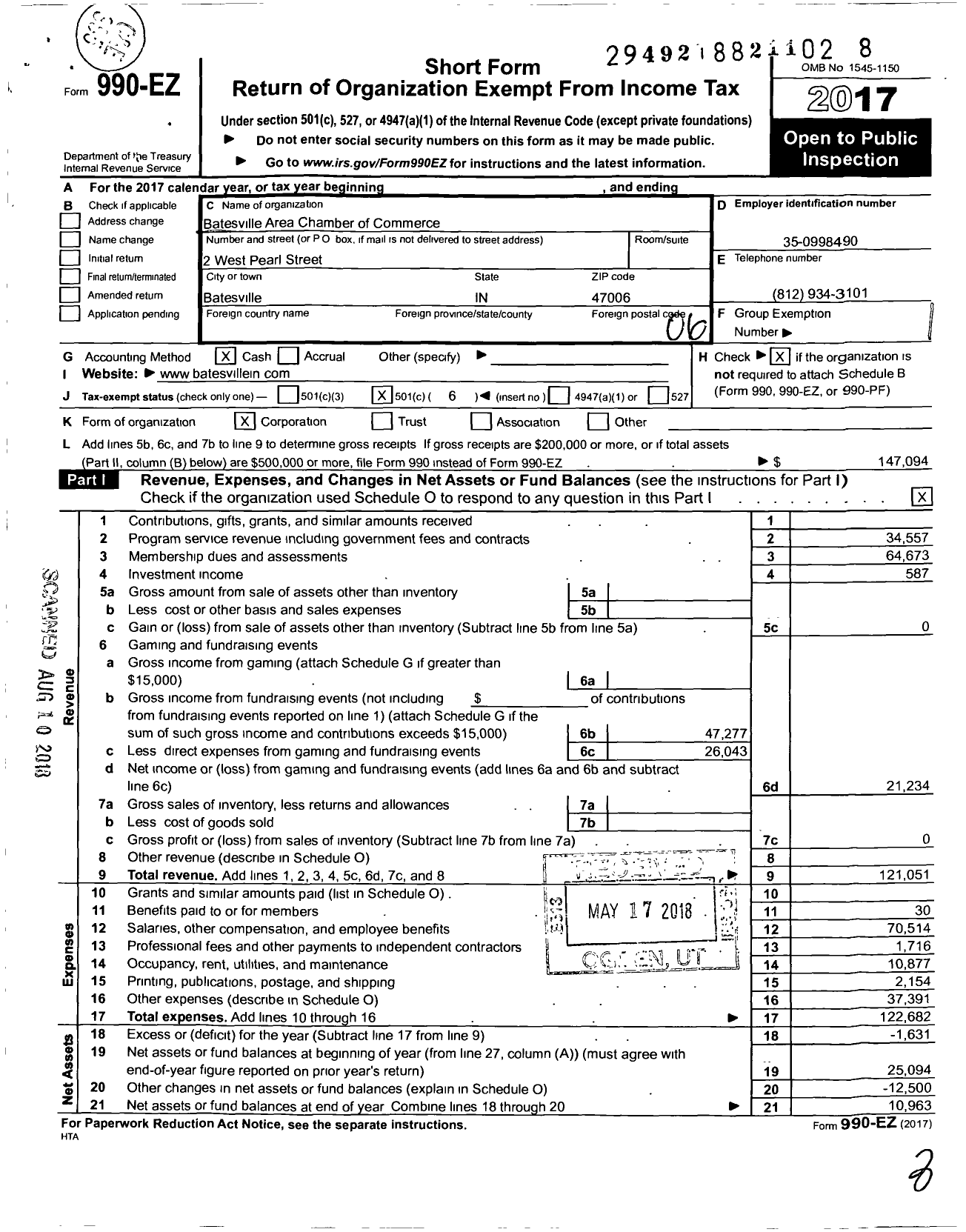 Image of first page of 2017 Form 990EO for Batesville Area Chamber of Commerce