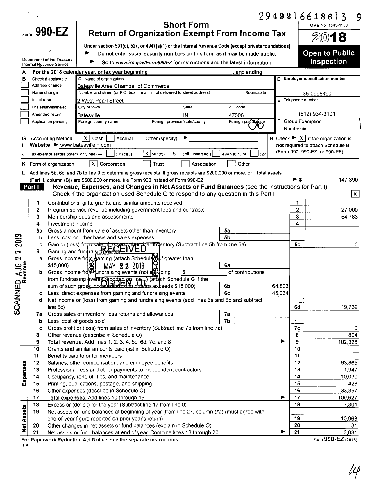 Image of first page of 2018 Form 990EO for Batesville Area Chamber of Commerce