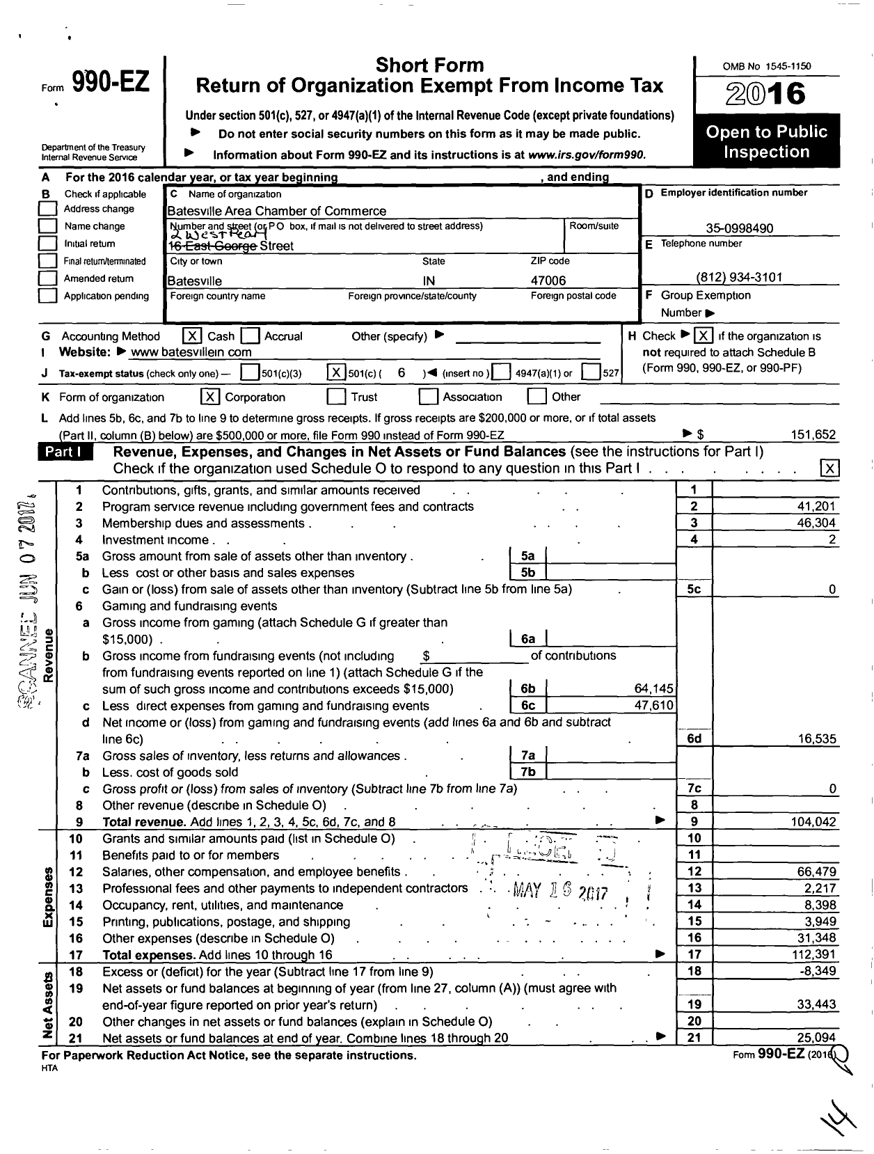 Image of first page of 2016 Form 990EO for Batesville Area Chamber of Commerce