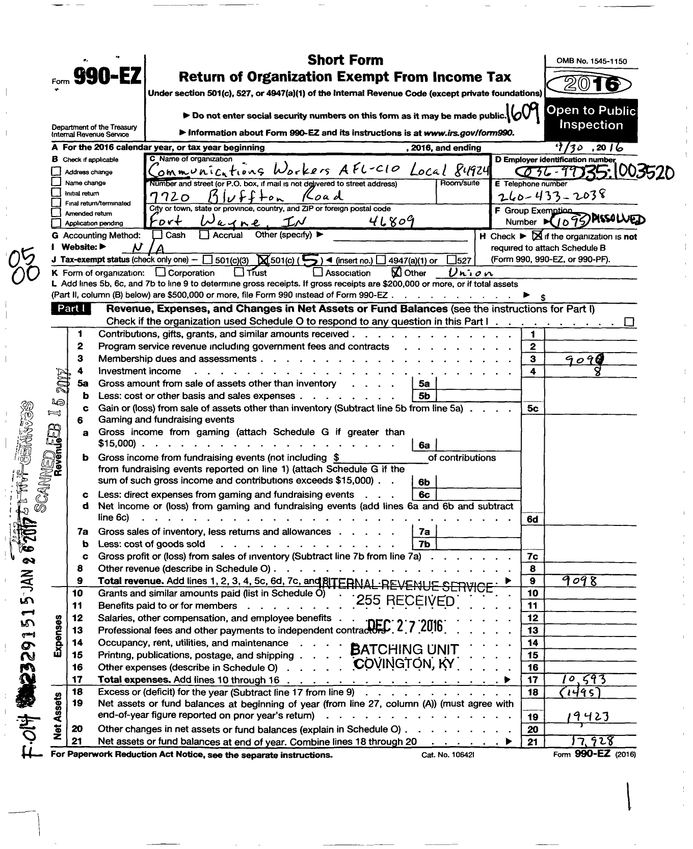 Image of first page of 2015 Form 990EO for Communication Workers of America / 84924 Local