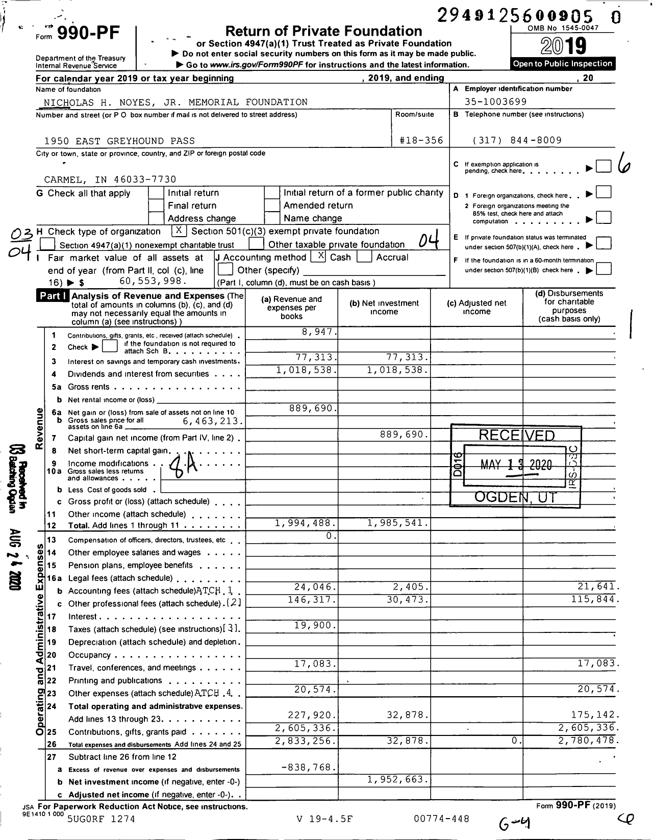 Image of first page of 2019 Form 990PR for Nicholas H Noyes JR Memorial Foundation