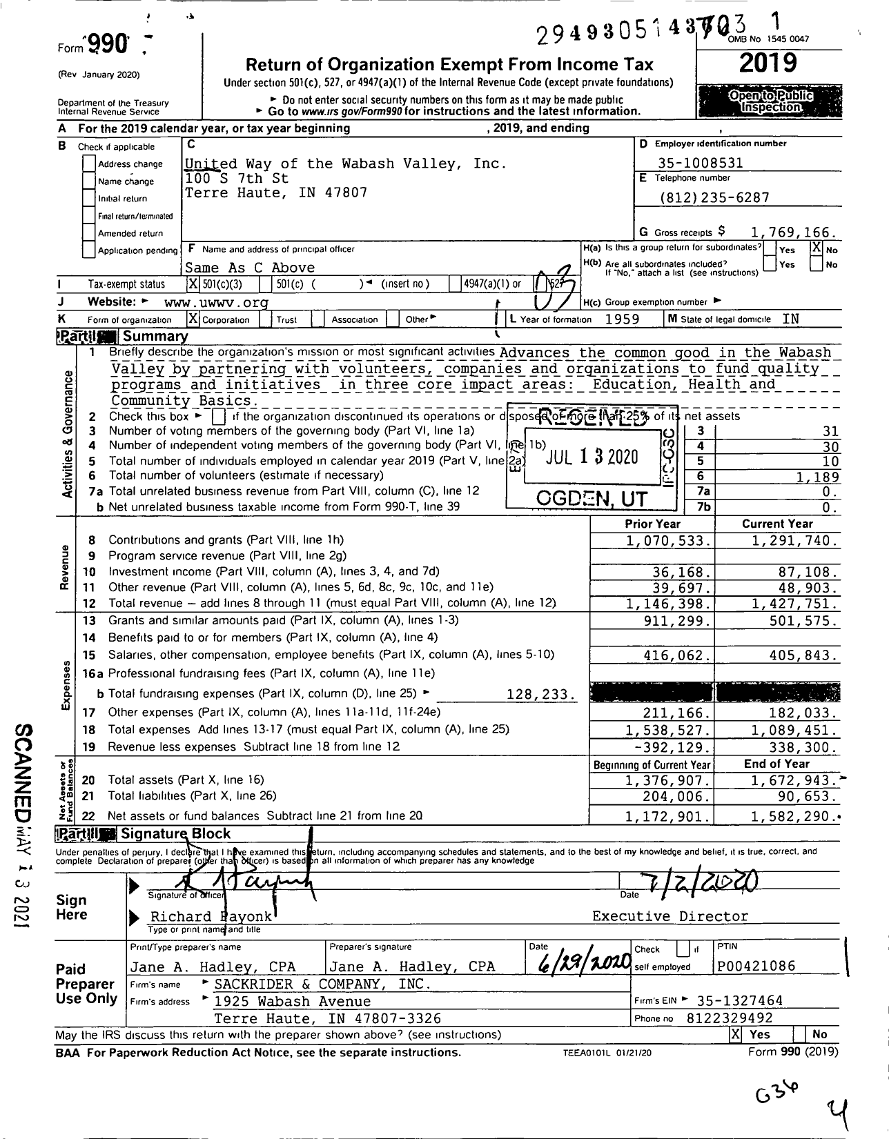 Image of first page of 2019 Form 990 for United Way of the Wabash Valley