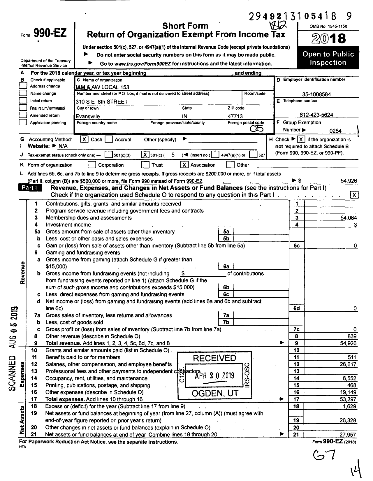 Image of first page of 2018 Form 990EO for International Association of Machinists and Aerospace Workers - Local Lodge 153