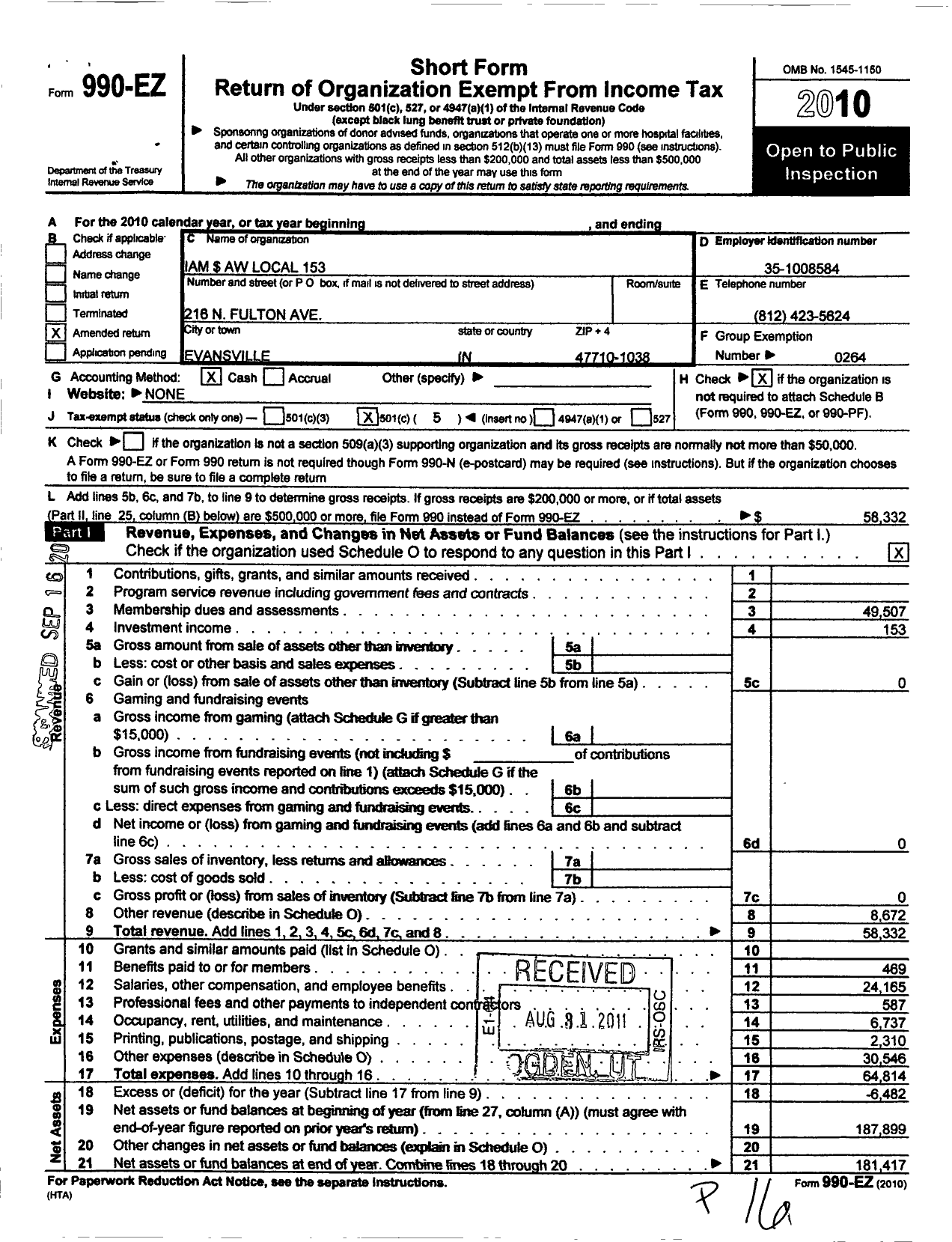 Image of first page of 2010 Form 990EO for International Association of Machinists and Aerospace Workers - Local Lodge 153